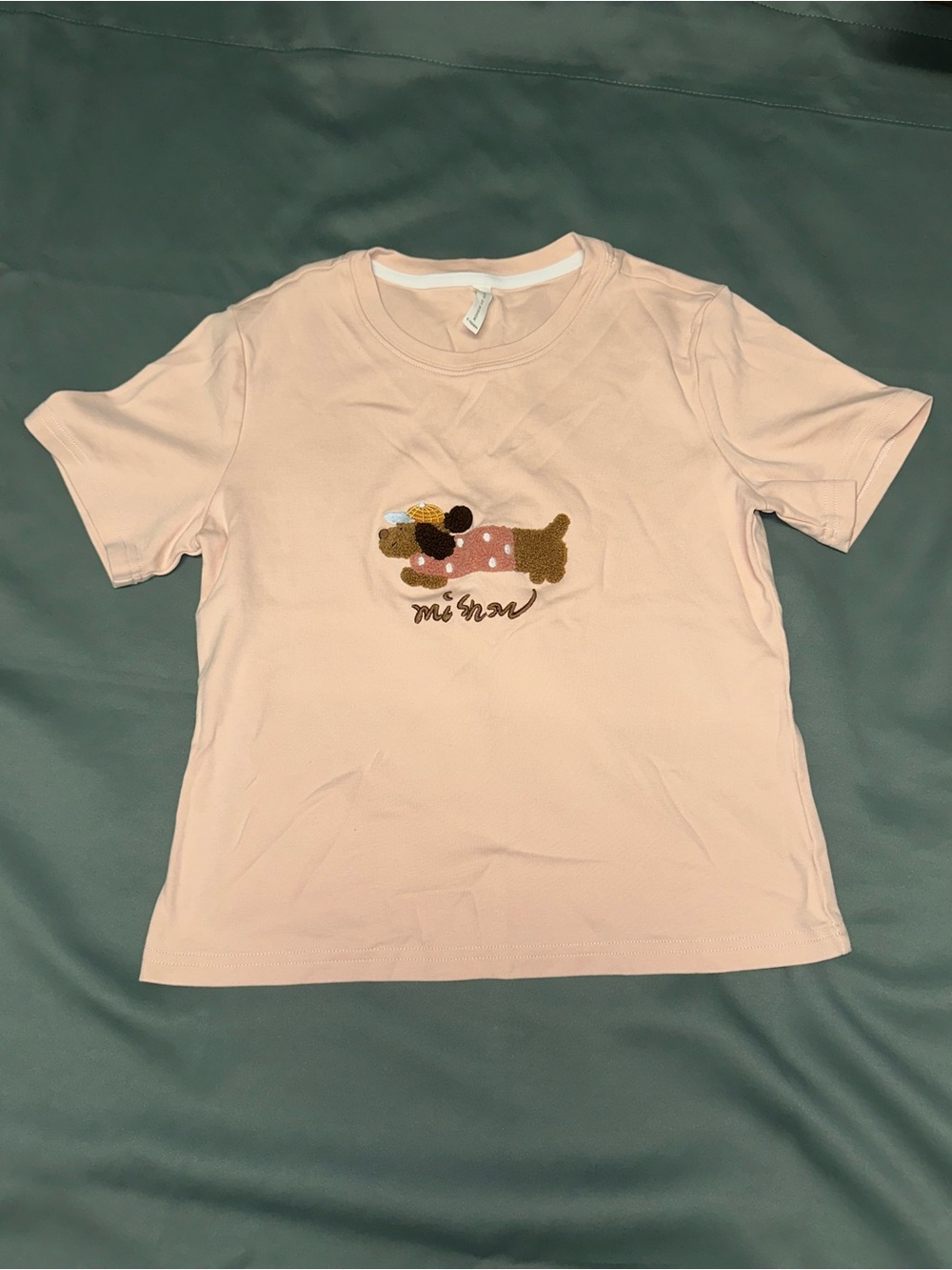 Pink Tee with Embroidered Dachshund Graphic